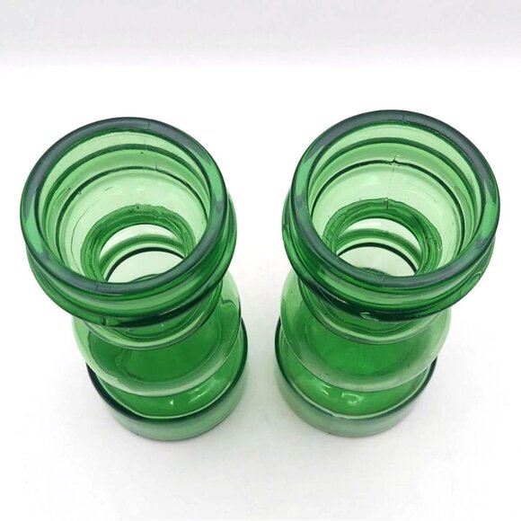 Vintage MCM Italian Green Pressed Glass Candle Holders Vases Signed Set Of 2 - Picture 2 of 9
